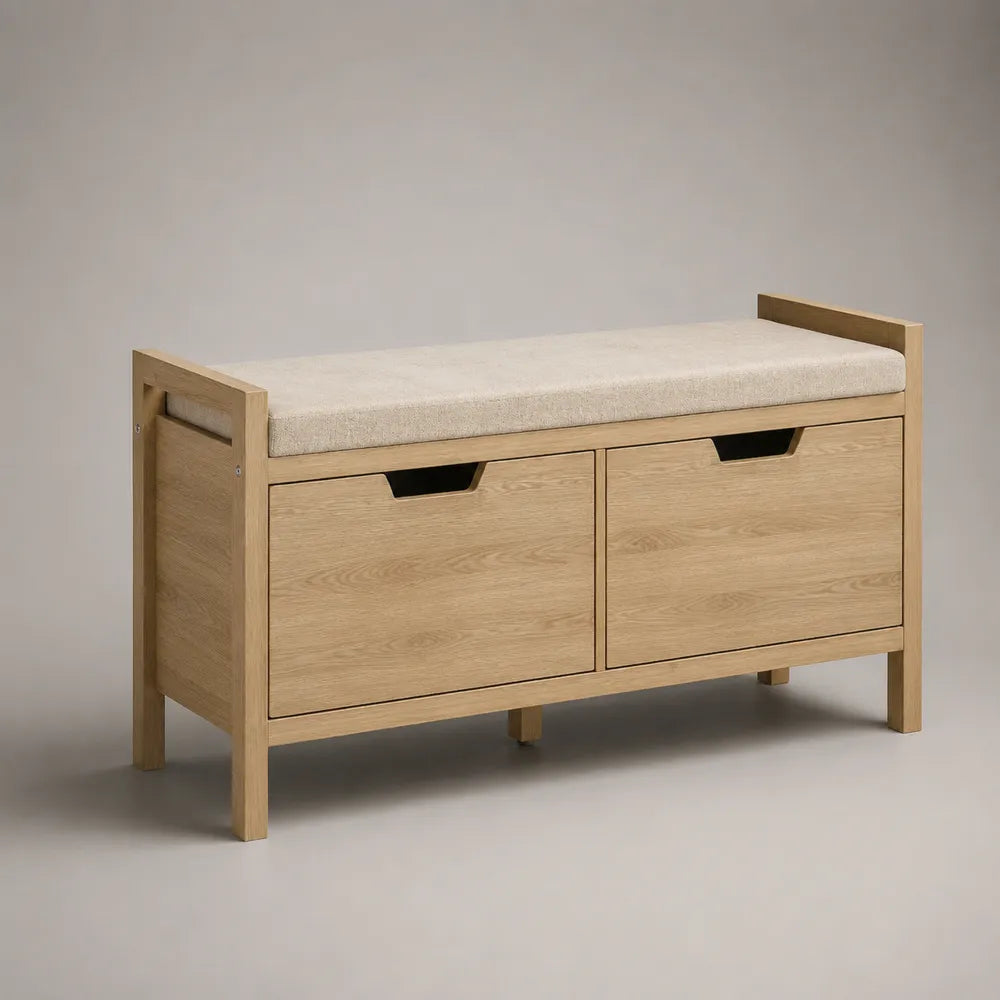 Scarpiera panca da ingresso in MDF effetto rovere naturale con seduta imbottita e 2 ante a ribalta 100 x 35 x 50 cm