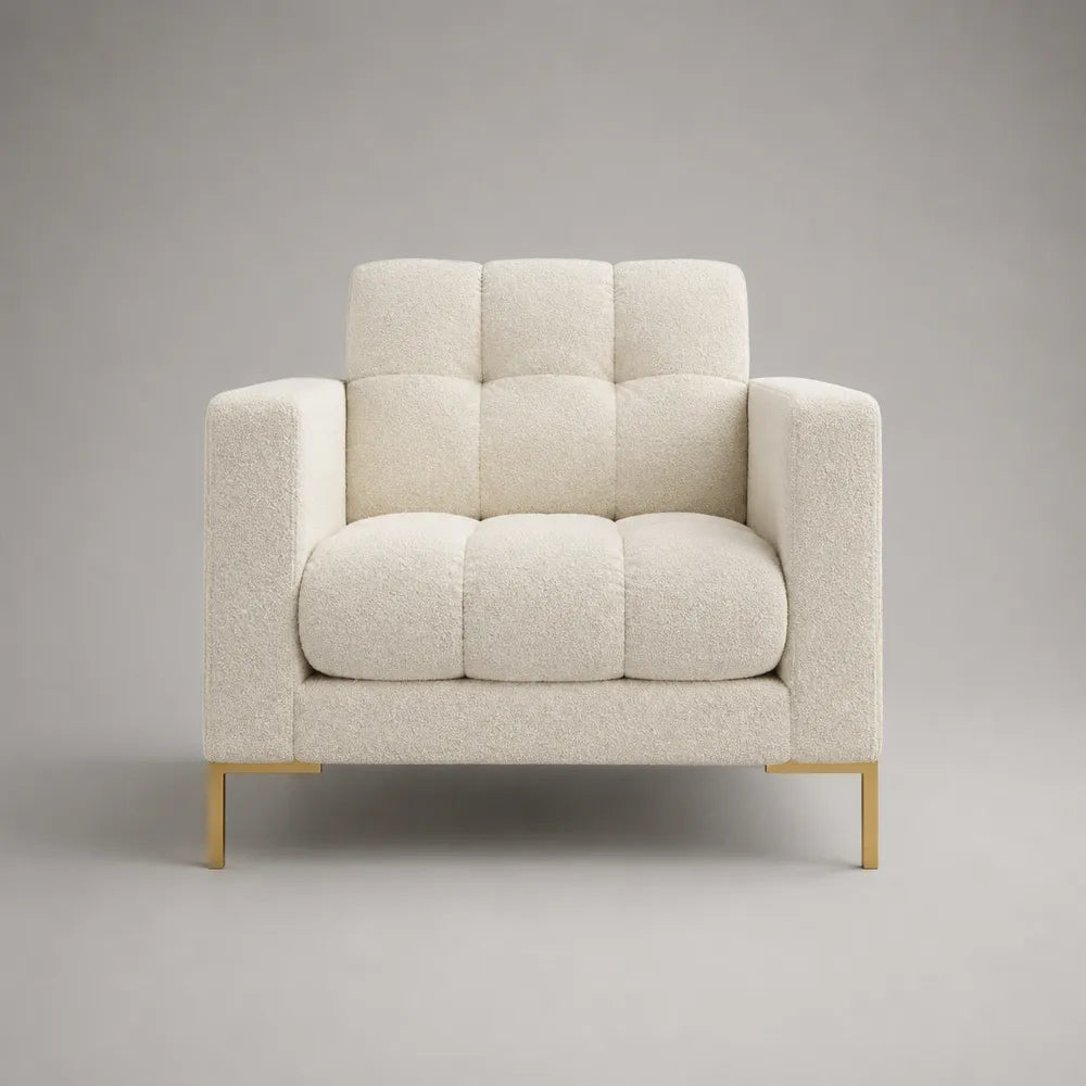 Poltrona imbottita in tessuto bouclé beige struttura in legno e acciaio gambe in metallo oro 78 cm x 80 cm x 82 cm