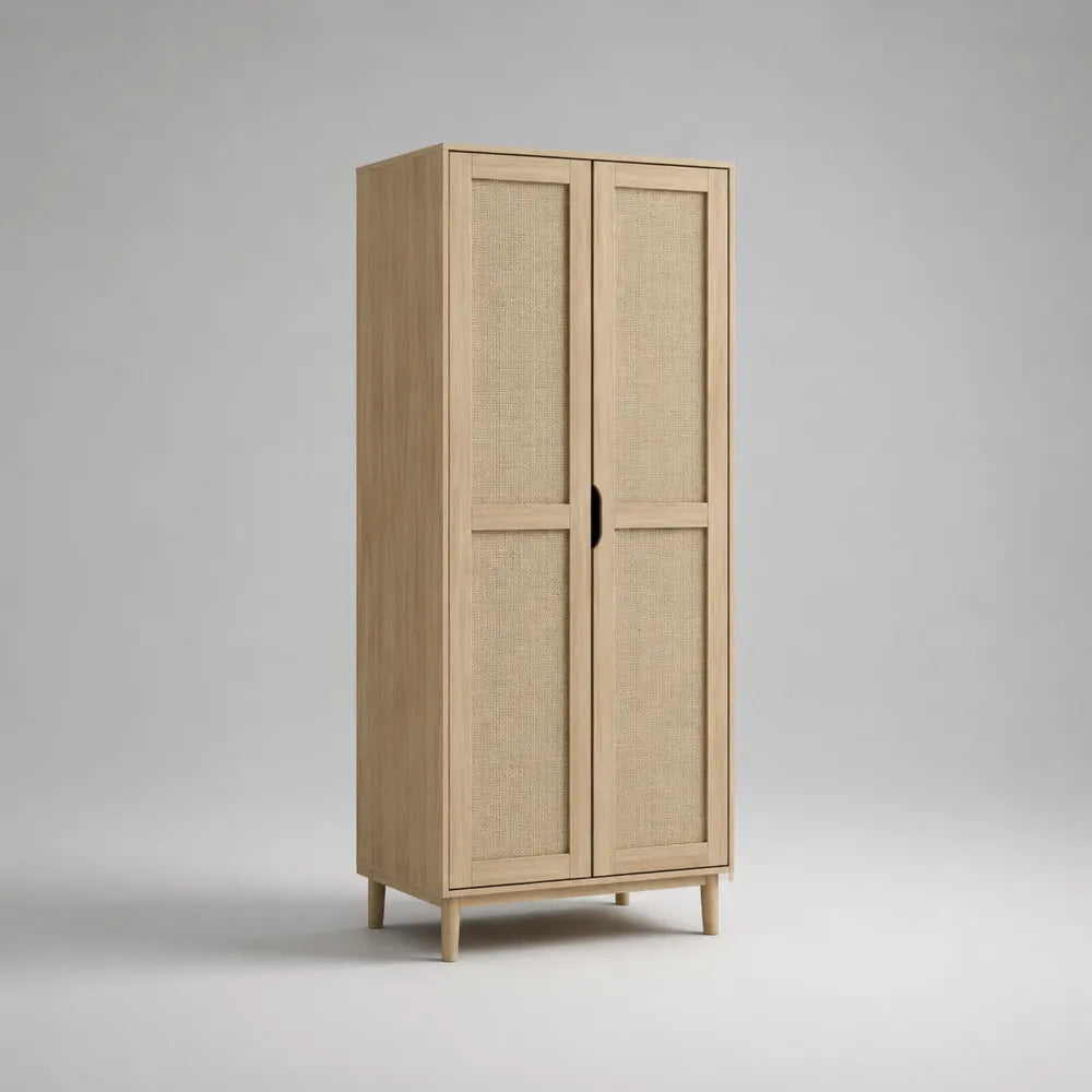 Armadio camera da letto a due ante in MDF effetto rovere chiaro con inserti in fibra intrecciata e gambe in legno 70x40x160 cm