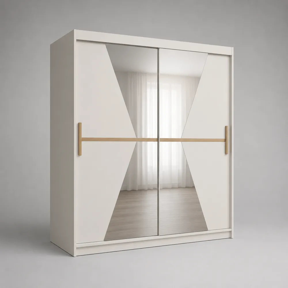 Armadio scorrevole 200 x 60 x 210 cm in MDF effetto legno naturale con ante specchiate e pannelli bianchi strutturati forma rettangolare bianco e legno naturale