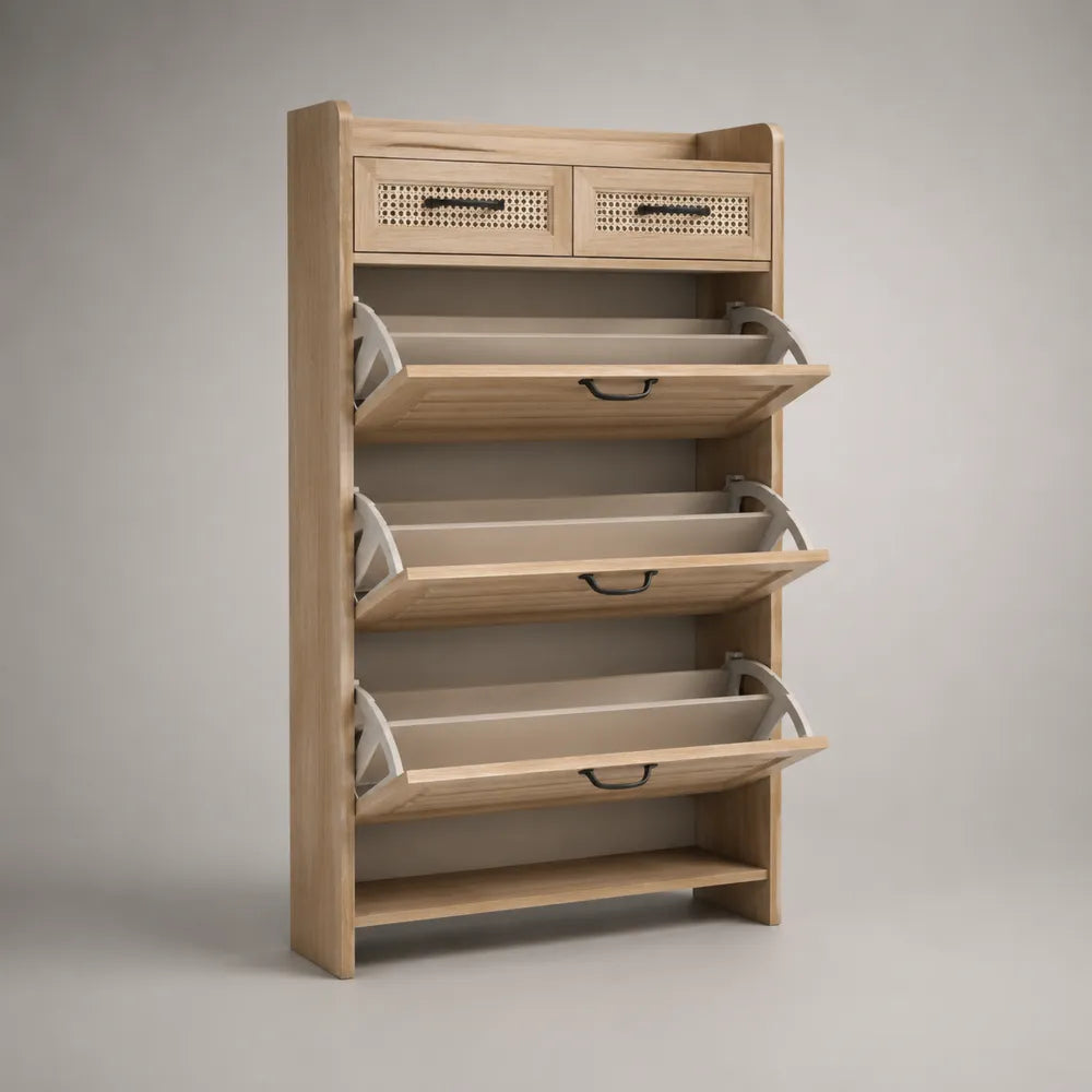 Scarpiera ingresso 80x28x130 cm rovere chiaro MDF con 3 vani ribalta e 2 cassetti frontali effetto rattan struttura verticale