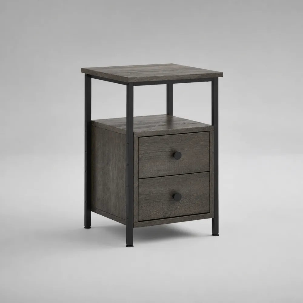 Comodino con 2 cassetti e vano aperto struttura in acciaio verniciato nero MDF effetto rovere scuro 45x35x68 cm