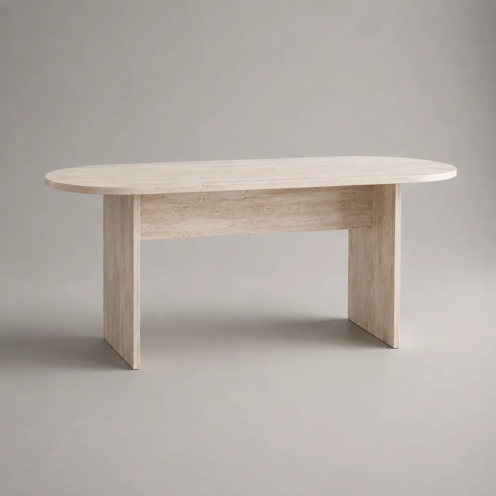 Tavolo da pranzo ovale 200x90x75 cm MDF effetto pietra travertino beige con base a pannelli pieni