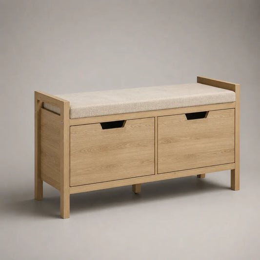 Scarpiera panca da ingresso in MDF effetto rovere naturale con seduta imbottita e 2 ante a ribalta 100 x 35 x 50 cm