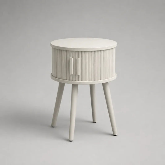 Comodino rotondo con ante e gambe inclinate in MDF rivestito melaminico colore beige 45x45x55 cm