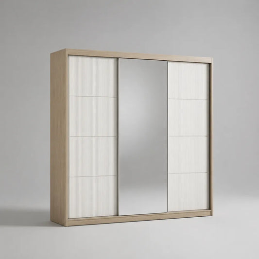 Armadio scorrevole 200 x 60 x 210 cm in MDF effetto legno naturale con ante in vetro specchio e pannelli rigati bianco struttura rettangolare legno naturale