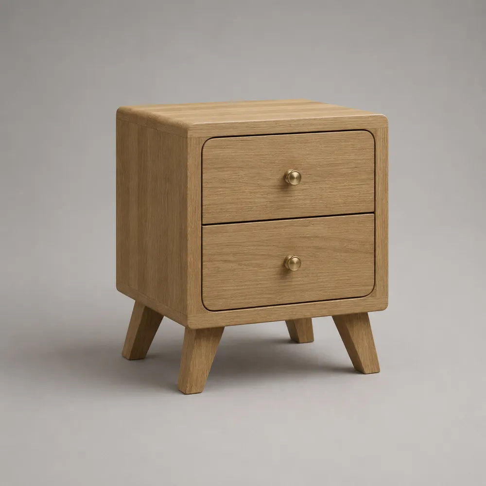 Comodino con 2 cassetti in MDF effetto rovere chiaro gambe in legno massello di faggio pomelli metallici ottone 45 x 40 x 55 cm