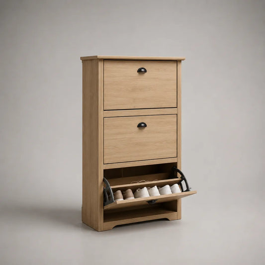 Scarpiera da ingresso a terra in MDF effetto rovere con 2 ante ribaltabili e vano aperto inferiore 60 x 24 x 120 cm