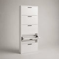 Scarpiera slim verticale a terra in MDF bianco con 5 ante ribaltabili e maniglie nere 60 x 24 x 170 cm