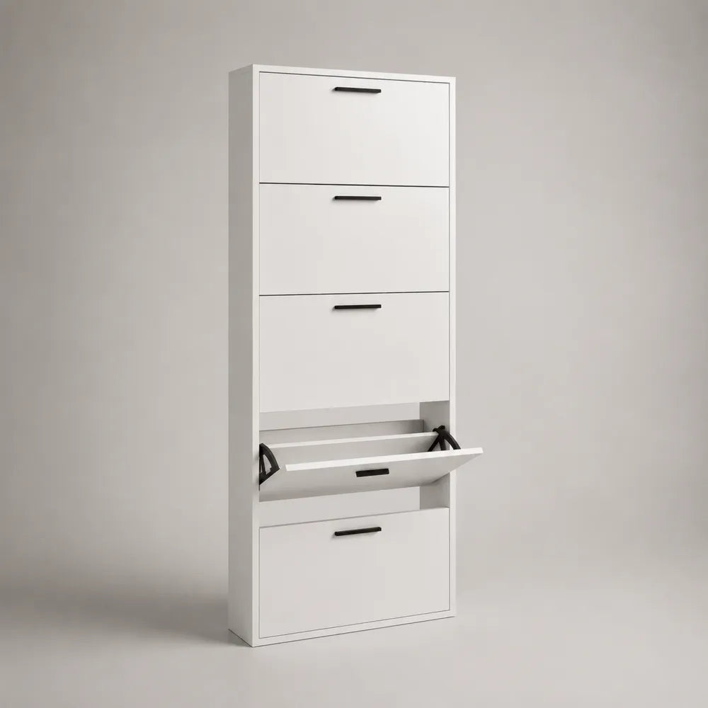 Scarpiera slim verticale a terra in MDF bianco con 5 ante ribaltabili e maniglie nere 60 x 24 x 170 cm