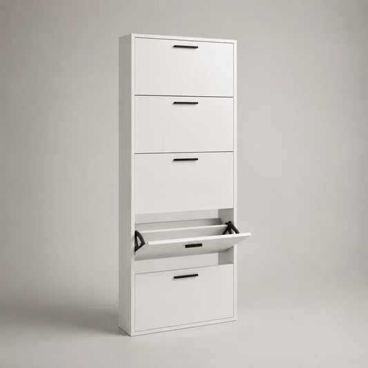 Scarpiera slim verticale a terra in MDF bianco con 5 ante ribaltabili e maniglie nere 60 x 24 x 170 cm