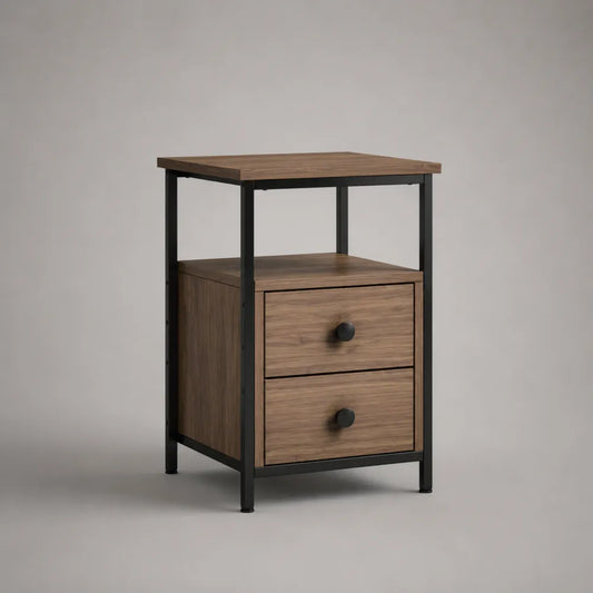 Comodino con due cassetti e ripiano aperto struttura in acciaio verniciato nero MDF effetto noce 45x40x55 cm