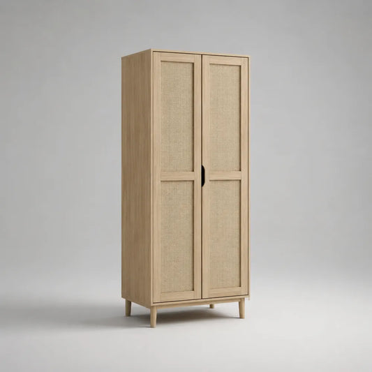 Armadio camera da letto a due ante in MDF effetto rovere chiaro con inserti in fibra intrecciata e gambe in legno 70x40x160 cm