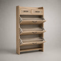 Scarpiera ingresso 80x28x130 cm rovere chiaro MDF con 3 vani ribalta e 2 cassetti frontali effetto rattan struttura verticale