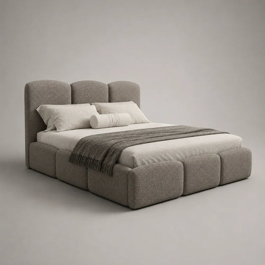 Letto matrimoniale imbottito 160x200 cm in tessuto bouclé beige con testiera alta struttura rettangolare