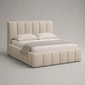 Letto matrimoniale 160 cm x 200 cm struttura imbottita in bouclé beige chiaro con testiera trapuntata e rete a doghe