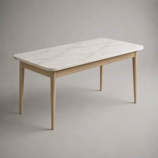 Tavolo da pranzo rettangolare in MDF effetto marmo bianco con gambe in legno naturale 140x80x75 cm