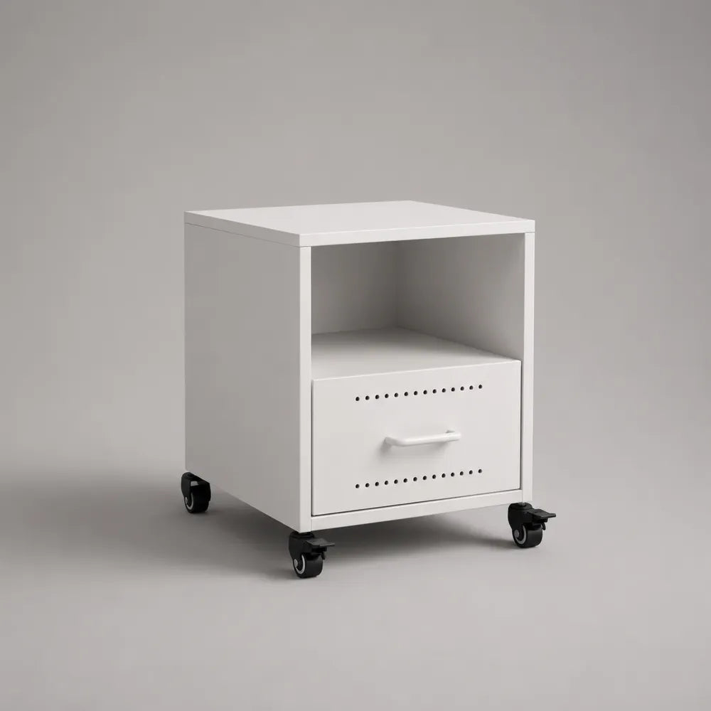 Comodino con ruote e cassetto in MDF melaminico bianco con vano aperto 40x35x55 cm
