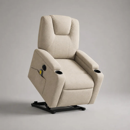Poltrona reclinabile elettrica con poggiapiedi in tessuto poliestere effetto lino beige struttura in legno compensato e acciaio 78 cm x 95 cm x 105 cm con porta bicchieri e tasca laterale